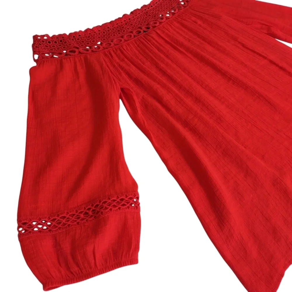 AGB Women's Red Off the Shoulder Embroidered 3/4 Sleeves Top Blouse Size Small - Picture 6 of 10